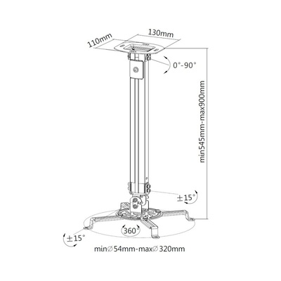 Držiak pre projektor stropný, max. 15kg, dĺžka 54-90cm, max. rozteč 54-320mm, náklon až 15°, sivý
