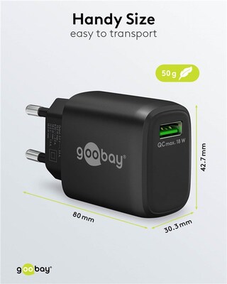 Nabíjačka USB 230V 1 port, 1xUSB A QC 3.0, 18W, čierna