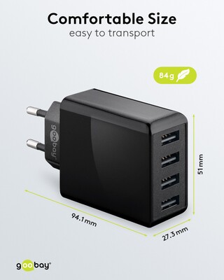 Nabíjačka USB 230V 4port, 4xUSB A, 3A, 30W, čierna