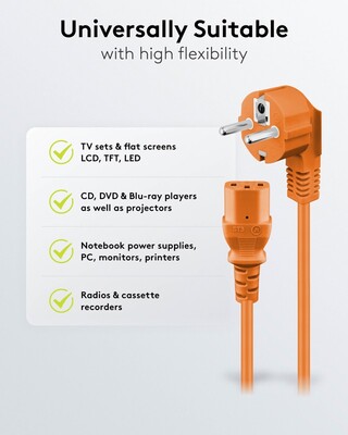 Kábel sieťový 230V, vidlica (CEE7/7) lomená - C13, 3m, 1.00mm², 10A, oranžový