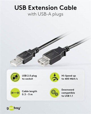 Kábel USB 2.0 A-A M/F 3m, High Speed, predlžovací, čierny