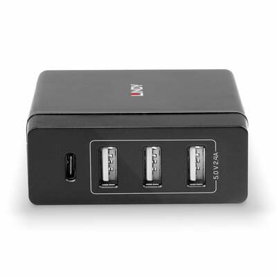 Nabíjačka USB 230V 4port, 3xUSB A, 1xUSB Typ C, 72W, Power Delivery, kábel C7 dĺžka 1m, čierna