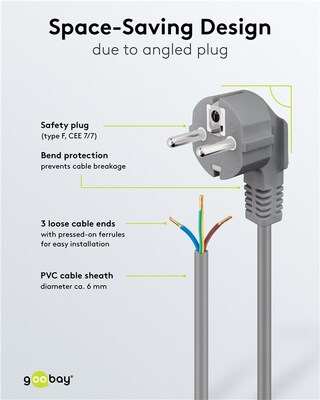 Kábel sieťový 230V, vidlica (CEE7/7) lomená - dutinky, 1.5m, 0.75mm², 16A, surový, sivý