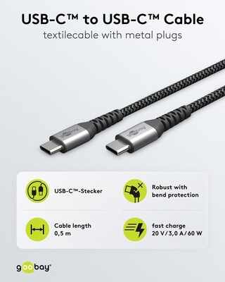 Kábel USB 2.0 Typ C CM/CM 0.5m, High Speed, Power Delivery 60w 20V3A, čierny/sivý