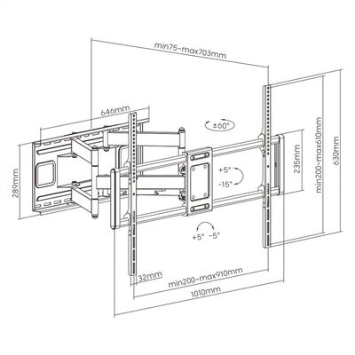 Držiak pre TV 60-120" na stenu, max 120kg, rameno 703mm, VESA do 900x600, čierny