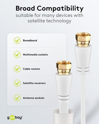 Kábel satelitný, koax F-konektor M/M 2.5m, 75 Ohm, 80dB, 2x tienený, CCS, biely, pozl. kon., plochý