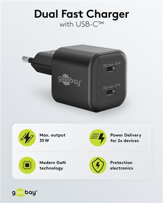 Nabíjačka USB 230V 2port, 2xUSB Typ C, 35W, Power Delivery, GaN, čierna