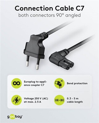 Kábel sieťový 230V, 2pin vidlica (CEE7/16) lomená - C7 (2pin) zahnutý, 0.3m, 0.75mm², 2.5A, čierny