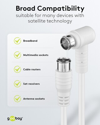 Kábel satelitný, koax F-konektor QUICK M/M 2.5m, 75 Ohm, 80dB, 2x tienený, CCS, biely, 1x90°