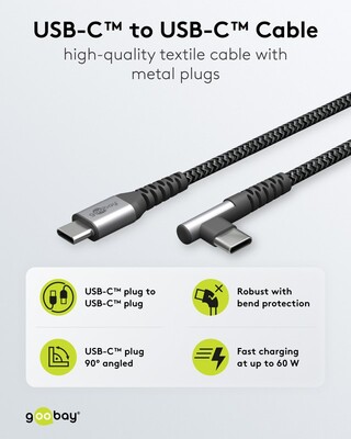 Kábel USB 2.0 Typ C CM/CM 2m, High Speed, Power Delivery 60w 20V3A, čierny/sivý, zahnutý 90°
