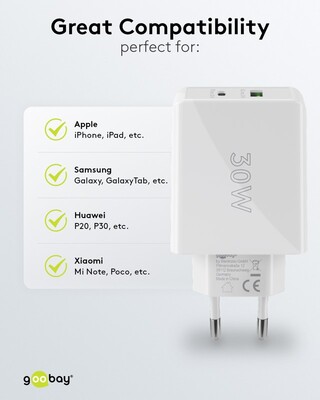 Nabíjačka USB 230V 2port, 1xUSB A, 1xUSB Typ C, 30W, Power Delivery, Quick Charge 3.0, biela §§