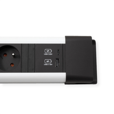 Predlžovačka CONNECTUS, 6xUTE 230V + USB nabíjačka (A+C), s vypínačom, 2m, 1.5mm², hliník, čierna