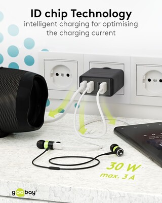 Nabíjačka USB 230V 4port, 4xUSB A, 3A, 30W, čierna