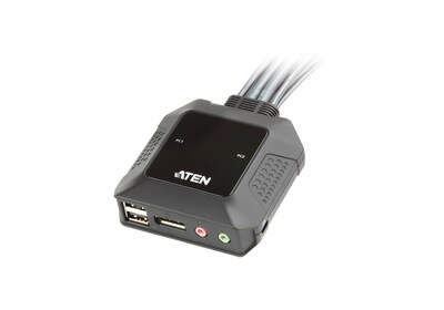 KVM switch/prepínač 2PC, DisplayPort 1.2, USB, audio, 1.2m káble, 4096x2160@60Hz, prepínanie tlačidl