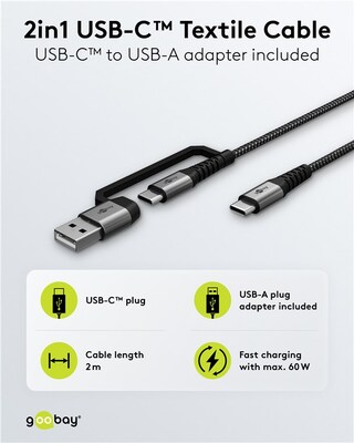 Kábel USB 2.0 CM/CM + Redukcia na USB A, 2m, High Speed, PD 60w 20V3A, čierny