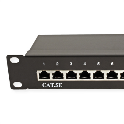 19" Patch panel 24port cat.5e, tienený s uzemnením, celokovový, 1U, čierny