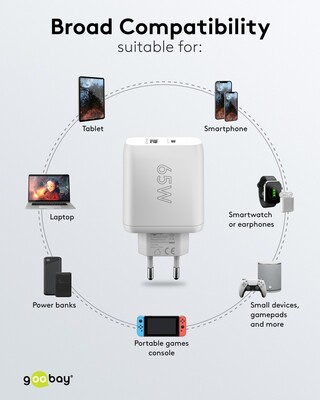Nabíjačka USB 230V 2port, 1xUSB A 2.0, 1xUSB C (Power Delivery), 65W, GaN, biela