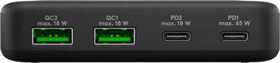 Nabíjačka USB 230V 4port, 2xUSB A, 2xUSB Typ C, 65W, Power Delivery, QC, kábel C7 dĺžka 1.5m, čierna