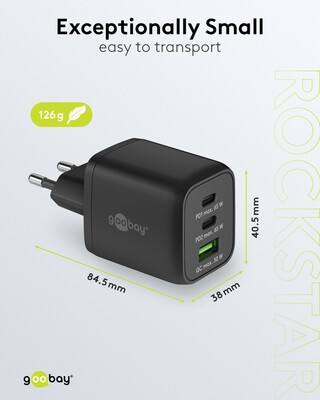 Nabíjačka USB 230V 3port, 1xUSB A, 2xUSB Typ C, 65W, Power Delivery, GaN, čierna