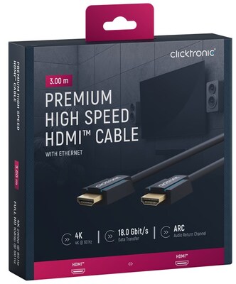 Kábel HDMI M/M 3m, High Speed+Eth, 4K@60Hz, HDMI 2.0, 18G, pozl. konektor, modrý, C