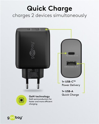 Nabíjačka USB 230V 2port, 1xUSB A 2.0, 1xUSB C (Power Delivery), 65W, GaN, čierna