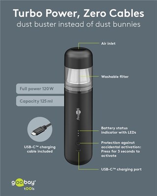 Bezdrôtový mini vysávač Superior, 120W, 7 trysiek a 3 kefky na čistenie kancelárskych potrieb a auta