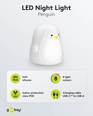 Nočná LED lampa "Tučniak", rôzne režimy svietenia, RGB farby, nabíjacia (USB C)