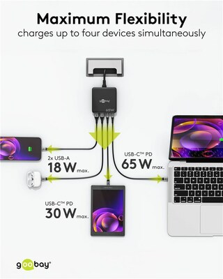 Nabíjačka USB 230V 4port, 2xUSB A, 2xUSB Typ C, 65W, PD, QC 3.0, kábel (C7) 1.5m, GaN, čierna