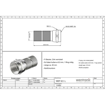 Konektor F satelitný samec ø6.5mm/4.4mm, dĺžka 20mm, Zn-Ni, 100ks/bal