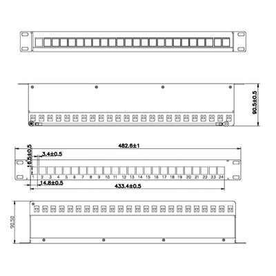 19" Patch panel 24port Keystone, tienený s uzemnením, celokovový, 1U, čierny