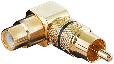 Adaptér Cinch (RCA) M/F, čierny, kovový, Gold, pozl. konektor, zahnutý 90°, 10ks/bal