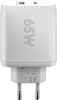 Nabíjačka USB 230V 2port, 1xUSB A 2.0, 1xUSB C (Power Delivery), 65W, GaN, biela