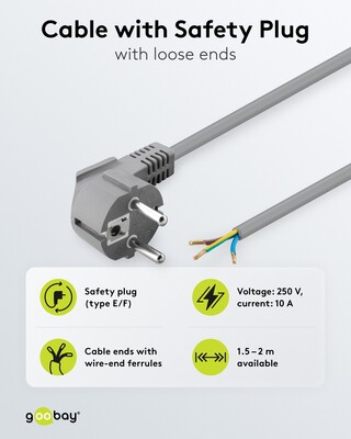 Kábel sieťový 230V, vidlica (CEE7/7) lomená - dutinky, 2m, 0.75mm², 16A, surový, sivý