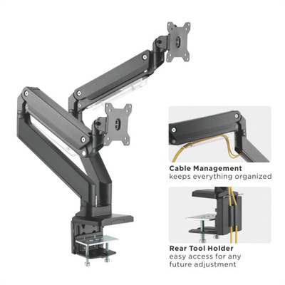 Držiak pre 2x monitor na stôl, úchyt o dosku, pneumatický, max 15kg, rameno 526mm VESA 75/100 čierny