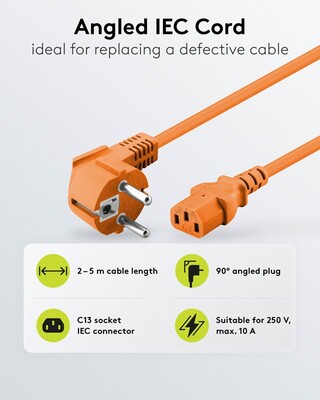 Kábel sieťový 230V, vidlica (CEE7/7) lomená - C13, 3m, 1.00mm², 10A, oranžový