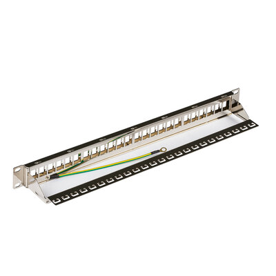 19" Patch panel 24port Keystone, tienený s uzemnením, celokovový, 1U, strieborný