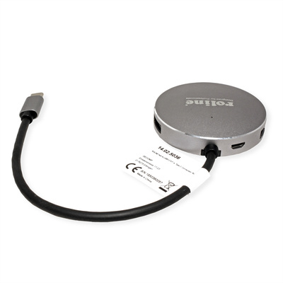 Hub USB 3.2 Gen.1 Typ C, 4 Port, 4x USB A Port, okrúhly, USB micro napájanie, 14cm, sivá a čierna