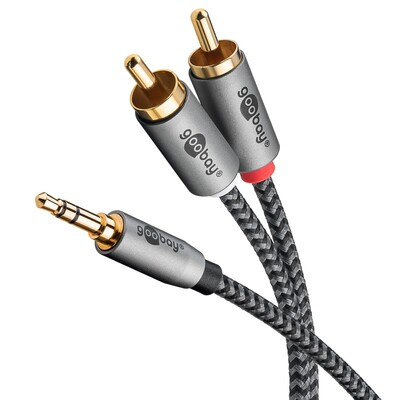 Kábel 3.5mm stereo/2xCinch M/M 2m, čierny/sivý, pozl. konektor