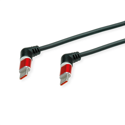 Kábel USB 2.0 Typ C CM/CM 2m, High Speed, čierny/červený, uhľový 90°, otočné konektory