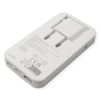 Nabíjačka USB 230V 3port, 1xUSB A, 2xUSB Typ C, 65W, PD, QC 3.0, cestvoná/skladacia, biela