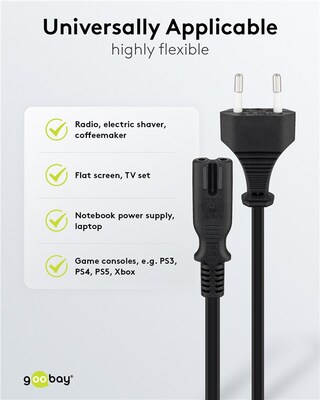 Kábel sieťový 230V, 2pin vidlica (CEE7/16) priama - C7 (2pin), 1.5m, 0.75mm², 2.5A, čierny