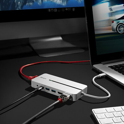 Dokovacia Stanica USB 3.1 Typ C, 2xHDMI (Dual Display), 2xUSB 3.0, Gigabit LAN, (PD 3.0 100W), 0.25m