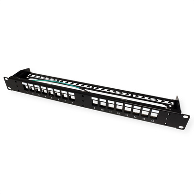 19" Patch panel 16port Keystone, tienený s uzemnením, s vyväzovacími okami, 70mm, 1U, čierny