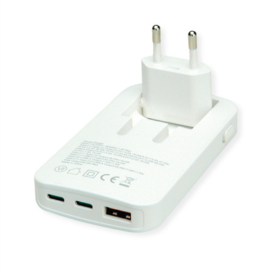 Nabíjačka USB 230V 3port, 1xUSB A, 2xUSB Typ C, 65W, PD, QC 3.0, cestvoná/skladacia, biela