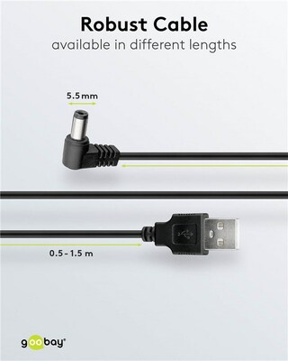 Kábel USB napájací 0.5m na 2.1mm vnútorný / 5.5mm vonkajší jack (zahnutý), čierny