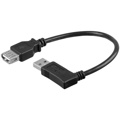 Kábel USB 2.0 A-A M/F 0.3m, High Speed, čierny, zahnutý 90°