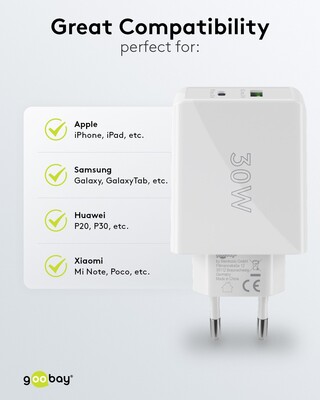 Nabíjačka USB 230V 2port, 1xUSB A, 1xUSB Typ C, 30W, Power Delivery, Quick Charge 3.0, biela §§