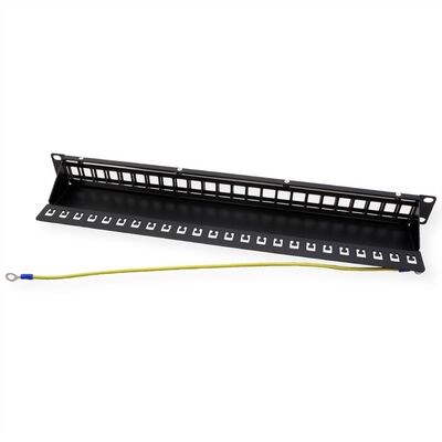 19" Patch panel 24port Keystone, tienený s uzemnením, celokovový, 1U, čierny