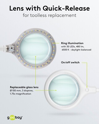 Stolná lupa s LED podsvietením, s úchytom na "štipec", zväčšenie 1.75x, biela
