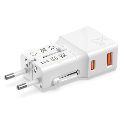 Nabíjačka USB 230V 2port, EU/UK/US, 1xUSB A, 1xUSB Typ C, 25W, PD, QC 3.0, cestovná/skladacia, biela